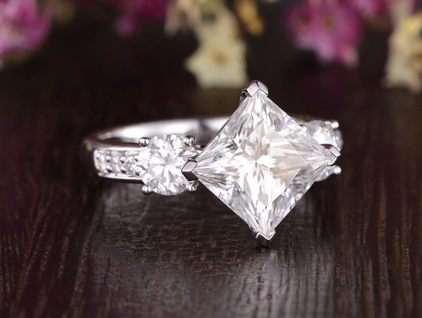 2.08 CT Princess Cut Three Stone Moissanite Engagement Ring