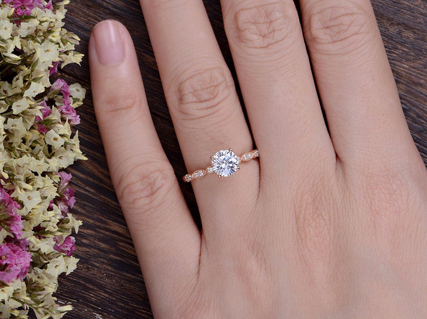 1.35 CT Round Cut Solitaire Milgrain Pave Setting Moissanite Engagement Ring