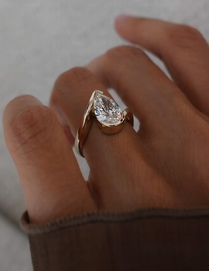 3 CT Pear Shaped Lab Grown Diamond Bypass Style Engagement Ring